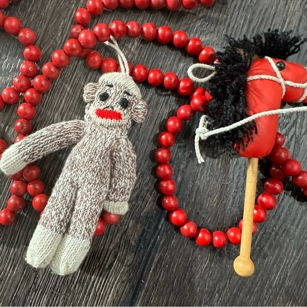 Sock Monkey beaded Christmas garland decor red holiday stick horse